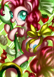 Size: 2149x3035 | Tagged: safe, artist:monochromacat, pinkie pie, earth pony, pony, apron, candy, clothes, cute, diapinkes, donut, food, grin, looking at you, smiling, solo, spoon, strawberry