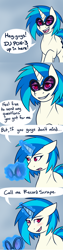 Size: 800x3200 | Tagged: safe, artist:modof10th, dj pon-3, record scrape, vinyl scratch, pony, unicorn, ask transdjpon-3, comic, goggles, smiling, solo, speech bubble, trans vinyl, transgender, tumblr