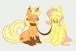 Size: 3000x2000 | Tagged: safe, artist:ogaraorcynder, applejack, fluttershy, original species, timber pony, timber wolf, behaving like a dog, collar, explicit source, leash, mouth hold, species swap, timber wolfified, timberjack