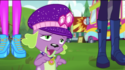 Size: 720x406 | Tagged: safe, screencap, rarity, spike, spike the regular dog, dog, better together, choose your own ending, equestria girls, lost and pound, lost and pound: spike, boots, clothes, female, food truck, male, offscreen character, shoes, spike's dog collar, spike's festival hat