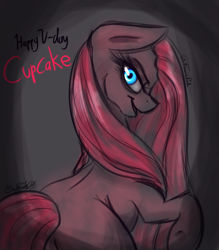 Size: 700x800 | Tagged: safe, artist:fanaticpanda, pinkie pie, earth pony, pony, creepy, creepy smile, dialogue, female, floppy ears, glowing eyes, looking at you, looking back, looking back at you, mare, pinkamena diane pie, signature, simple background, solo