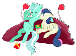 Size: 1083x805 | Tagged: safe, artist:asikku, bon bon, lyra heartstrings, sweetie drops, balloon, blushing, female, lesbian, lyrabon, shipping, sitting lyra, valentine's day