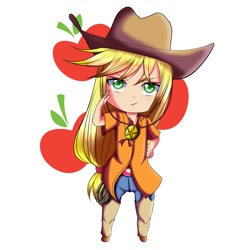 Size: 2000x2000 | Tagged: safe, artist:0ryomamikado0, applejack, human, chaps, chibi, clothes, humanized, jeans, pants, rope, shirt, solo