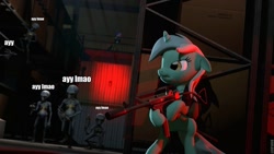 Size: 960x540 | Tagged: safe, artist:d0ntst0pme, edit, bon bon, lyra heartstrings, sweetie drops, alien, 3d, ayy lmao, caption, gmod, gun, not sfm, roflbot, sectoid, x-com