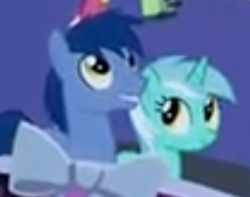 Size: 278x219 | Tagged: safe, screencap, blues, lyra heartstrings, noteworthy, bird, cardinal, earth pony, pony, unicorn, filli vanilli, background pony, female, grin, looking up, lyraworthy, male, mare, ponies standing next to each other, shipping, shipping fuel, smiling, stallion, straight