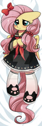 Size: 400x1200 | Tagged: safe, artist:yukandasama, fluttershy, pegasus, pony, blushing, body pillow, body pillow design, bow, clothes, cute, floppy ears, hair bow, on back, school uniform, shyabetes, solo, watermark