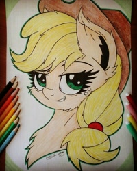 Size: 1232x1540 | Tagged: safe, artist:jennypaige, applejack, earth pony, pony, chest fluff, smirk, solo, traditional art