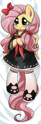 Size: 600x1800 | Tagged: safe, artist:yukandasama, fluttershy, pegasus, pony, blushing, body pillow, body pillow design, bow, clothes, cute, hair bow, on back, pigtails, school uniform, shyabetes, smiling, solo, twintails, watermark