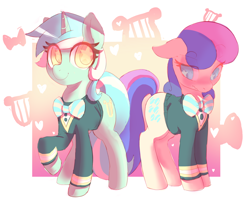 Size: 1044x836 | Tagged: safe, artist:mewball, bon bon, lyra heartstrings, sweetie drops, earth pony, pony, unicorn, filli vanilli, adorabon, blushing, clothes, cute, duo, duo female, female, ponytones outfit, sweater