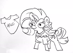 Size: 1920x1405 | Tagged: safe, artist:tjpones, rarity, pony, unicorn, black and white, clothes, fashion, female, glowing horn, grayscale, horn, magic, mare, monochrome, shirt, simple background, solo, telekinesis, white background