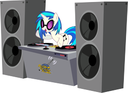 Size: 12829x9321 | Tagged: safe, artist:dcencia, artist:silentmatten, dj pon-3, vinyl scratch, pony, unicorn, absurd resolution, commission, cutie mark, female, glasses, golden string radio, hooves, horn, mare, open mouth, simple background, smiling, solo, sunglasses, text, transparent background, turntable, vector