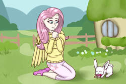 Size: 1920x1280 | Tagged: safe, artist:saturnstar14, angel bunny, fluttershy, human, eating, humanized, opening, scene interpretation, sharing kindness, solo