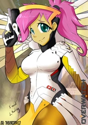 Size: 723x1023 | Tagged: safe, artist:thearcano13, fluttershy, human, crossover, humanized, implied genji (overwatch), mercy, mercyshy, overwatch, ponytail, solo