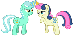 Size: 1725x853 | Tagged: safe, artist:krekka01, bon bon, lyra heartstrings, sweetie drops, blushing, female, hat, horns are touching, lesbian, lyrabon, party hat, shipping