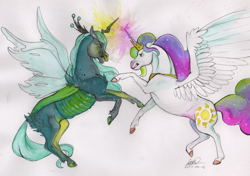 Size: 1024x722 | Tagged: safe, artist:sagastuff94, princess celestia, queen chrysalis, alicorn, changeling, changeling queen, horse, pony, female, fight, hoers, mare, princess celestia is a horse, traditional art