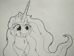 Size: 1280x960 | Tagged: safe, artist:ljdamz1119, princess celestia, alicorn, pony, female, lineart, mare, open mouth, peytral, regalia, smiling, solo, traditional art