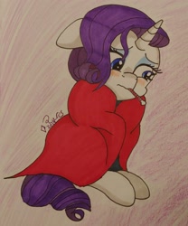 Size: 2042x2449 | Tagged: safe, artist:iffoundreturntorarity, rarity, pony, unicorn, blanket, messy mane, sad, sick, solo, thermometer, traditional art