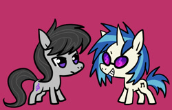 Size: 620x400 | Tagged: safe, artist:megarexetera, dj pon-3, octavia melody, vinyl scratch, earth pony, pony, unicorn, black mane, female, gray coat, horn, mare, two toned mane, white coat