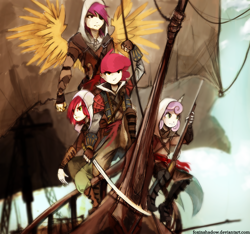 Size: 900x843 | Tagged: safe, artist:foxinshadow, apple bloom, babs seed, scootaloo, sweetie belle, human, assassin's creed, assassin's creed iv black flag, crossover, cutie mark crusaders, gun, horned humanization, humanized, parody, rifle, saber, ship, sword, weapon, winged humanization