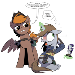 Size: 3000x3000 | Tagged: safe, artist:php104, rarity, oc, oc only, oc:calamity, oc:littlepip, pegasus, pony, unicorn, fallout equestria, arm behind head, battle saddle, blushing, clothes, comic, cowboy hat, dashite, dialogue, eyes closed, fanfic, fanfic art, female, floppy ears, glowing horn, gun, handgun, hat, holster, hooves, horn, levitation, little macintosh, magic, male, mare, ministry mares, ministry mares statuette, optical sight, pipbuck, piplamity, raised hoof, revolver, rifle, scope, simple background, sitting, speech bubble, stallion, standing, telekinesis, transparent background, vault suit, weapon