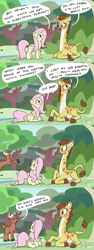 Size: 2700x7200 | Tagged: safe, artist:docwario, clementine, fluttershy, oc, oc:gerald, deer, giraffe, pegasus, pony, fluttershy leans in, absurd resolution, comic, dialogue, female, male, mare, prancing, prone, shy, speech bubble, stag