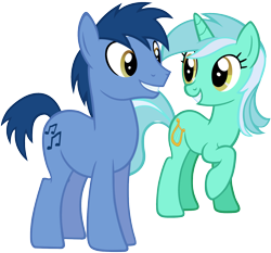 Size: 1430x1330 | Tagged: safe, artist:leapingriver, derpibooru exclusive, blues, lyra heartstrings, noteworthy, filli vanilli, cute, eye contact, female, grin, lyrabetes, lyraworthy, male, noteabetes, ponies standing next to each other, simple background, smiling, straight, transparent background, vector