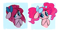 Size: 1224x679 | Tagged: safe, artist:kapusha-blr, pinkie pie, earth pony, pony, alternate hairstyle, bow, cute, duality, hair bow, pinkamena diane pie, solo