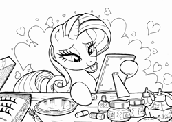 Size: 1662x1182 | Tagged: safe, artist:yewdee, rarity, pony, unicorn, atg 2019, female, heart, lineart, makeup, mirror, monochrome, newbie artist training grounds, solo