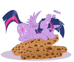 Size: 1280x1071 | Tagged: safe, artist:colarix, derpibooru import, twilight sparkle, twilight sparkle (alicorn), alicorn, pony, :t, cookie, eating, female, fluffy, mare, nom, prone, puffy cheeks, solo, spread wings, tiny ponies