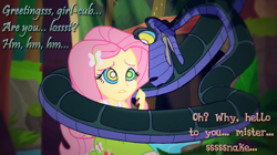 Size: 1360x760 | Tagged: safe, artist:snakeythingy, fluttershy, equestria girls, clothes, dialogue, forest, hypnotized, kaa, kaa eyes, manip, mind control, peril, skirt, story included, swirly eyes