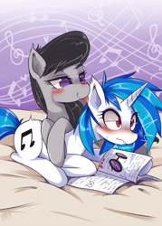 Size: 714x1000 | Tagged: safe, artist:hua, dj pon-3, octavia melody, vinyl scratch, earth pony, pony, unicorn, ask trolltavia, blushing, female, lesbian, licking, mare, scratchtavia, shipping, sweat, tongue out