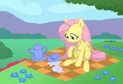 Size: 1206x825 | Tagged: safe, artist:carnifex, angel bunny, fluttershy, pegasus, pony, cup, cute, duo, female, flower, grass, looking at each other, mare, picnic, scenery, shyabetes, smiling, teacup, tree