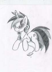 Size: 762x1049 | Tagged: safe, artist:digitaldomain123, dj pon-3, vinyl scratch, pony, unicorn, monochrome, solo, traditional art