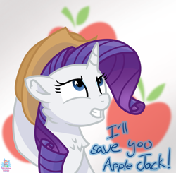 Size: 1405x1378 | Tagged: safe, artist:rainbow eevee, rarity, pony, unicorn, applejack's hat, atg 2019, chest fluff, confidence, cowboy hat, cutie mark, cutie mark background, dialogue, female, hat, hero, implied applejack, implied lesbian, implied rarijack, implied shipping, lesbian, looking up, newbie artist training grounds, solo