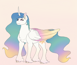 Size: 1900x1600 | Tagged: safe, artist:shortcake1284, princess celestia, alicorn, pony, alternate design, cloven hooves, colored wings, curved horn, ear fluff, ethereal mane, female, horn, mare, multicolored wings, simple background, smiling, solo, starry mane, unshorn fetlocks