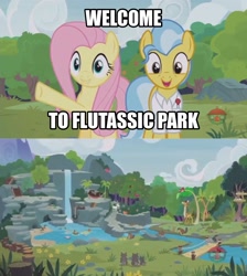 Size: 1494x1666 | Tagged: safe, edit, edited screencap, screencap, clementine, doctor fauna, fluttershy, smoky, smoky jr., softpad, beaver, bird, duck, earth pony, giraffe, goat, mallard, otter, pegasus, pony, raccoon, fluttershy leans in, animal, caption, clothes, common loon, female, jurassic park, loon, mare, sweet feather sanctuary, waterfall