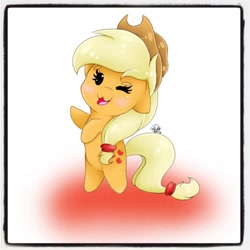 Size: 664x664 | Tagged: safe, artist:doodlepaintdraws, applejack, earth pony, pony, :3, blushing, chibi, cute, floppy ears, jackabetes, solo, wink