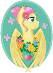 Size: 1024x1416 | Tagged: safe, artist:ayameshiromi, fluttershy, pegasus, pony, alternate hairstyle, cutie mark background, flower, flower in hair, solo, wreath