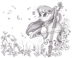 Size: 900x721 | Tagged: safe, artist:star-sketches, octavia melody, earth pony, pony, black and white, cello, flower, grayscale, monochrome, musical instrument, sketch, solo