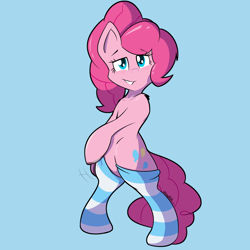 Size: 1250x1250 | Tagged: safe, artist:zeplich, pinkie pie, earth pony, pony, bipedal, blue background, blushing, clothes, simple background, socks, solo, striped socks