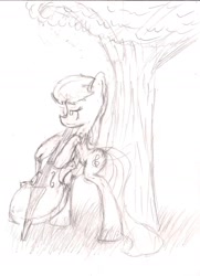 Size: 1114x1538 | Tagged: safe, artist:theskitzogamer, octavia melody, earth pony, pony, background pony, bipedal, cello, looking away, monochrome, musical instrument, sketch, solo, traditional art, tree, under the tree