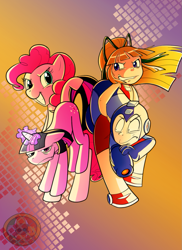 Size: 931x1280 | Tagged: safe, artist:ethereal-harbinger, derpibooru import, pinkie pie, twilight sparkle, earth pony, pony, crossover, megaman, roll