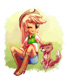 Size: 1500x1686 | Tagged: safe, artist:lightof-dawn, applejack, winona, equestria girls, art trade, boots, clothes, cowboy boots, cowboy hat, denim skirt, hat, shoes, skirt, stetson, wink