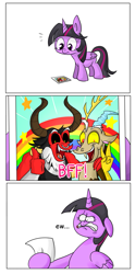 Size: 625x1257 | Tagged: safe, artist:vdru7, derpibooru import, discord, lord tirek, twilight sparkle, twilight sparkle (alicorn), alicorn, pony, bff, comic, cute, discute, female, mare, photo, pixiv, tirebetes