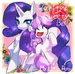 Size: 536x527 | Tagged: safe, artist:miga, rarity, sweetie belle, pony, unicorn, abstract background, blank flank, cute, duo, eyes closed, female, filly, flower, misspelling, open mouth, pixiv, rose, siblings, sisters