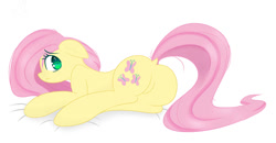 Size: 1024x532 | Tagged: safe, artist:posionjoke, fluttershy, earth pony, pony, cute, earth pony fluttershy, featureless crotch, female, floppy ears, looking at you, looking sideways, plot, prone, race swap, simple background, solo, white background, wingless