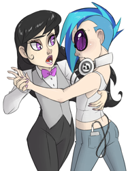 Size: 1200x1600 | Tagged: safe, artist:thelivingmachine02, dj pon-3, octavia melody, vinyl scratch, human, bowtie, clothes, dancing, glasses, headphones, humanized, jeans, light skin, looking at each other, mp3 player, nail polish, open mouth, pants, simple background, sweat, undercut, vest, white background