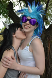 Size: 3072x4608 | Tagged: safe, artist:frinda-frisk, artist:shelle-chii, dj pon-3, octavia melody, vinyl scratch, human, cosplay, female, irl, irl human, kissing, lesbian, photo, scratchtavia, shipping