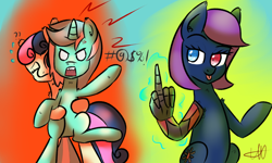 Size: 1024x614 | Tagged: safe, artist:wolfy-pony, bon bon, lyra heartstrings, sweetie drops, oc, angry, artificial hands, hand, middle finger, vulgar