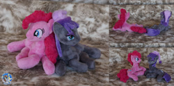 Size: 2013x1000 | Tagged: safe, artist:essorille, maud pie, pinkie pie, earth pony, pony, duo, hat, irl, missing accessory, photo, plushie, prone, smiling, when she smiles